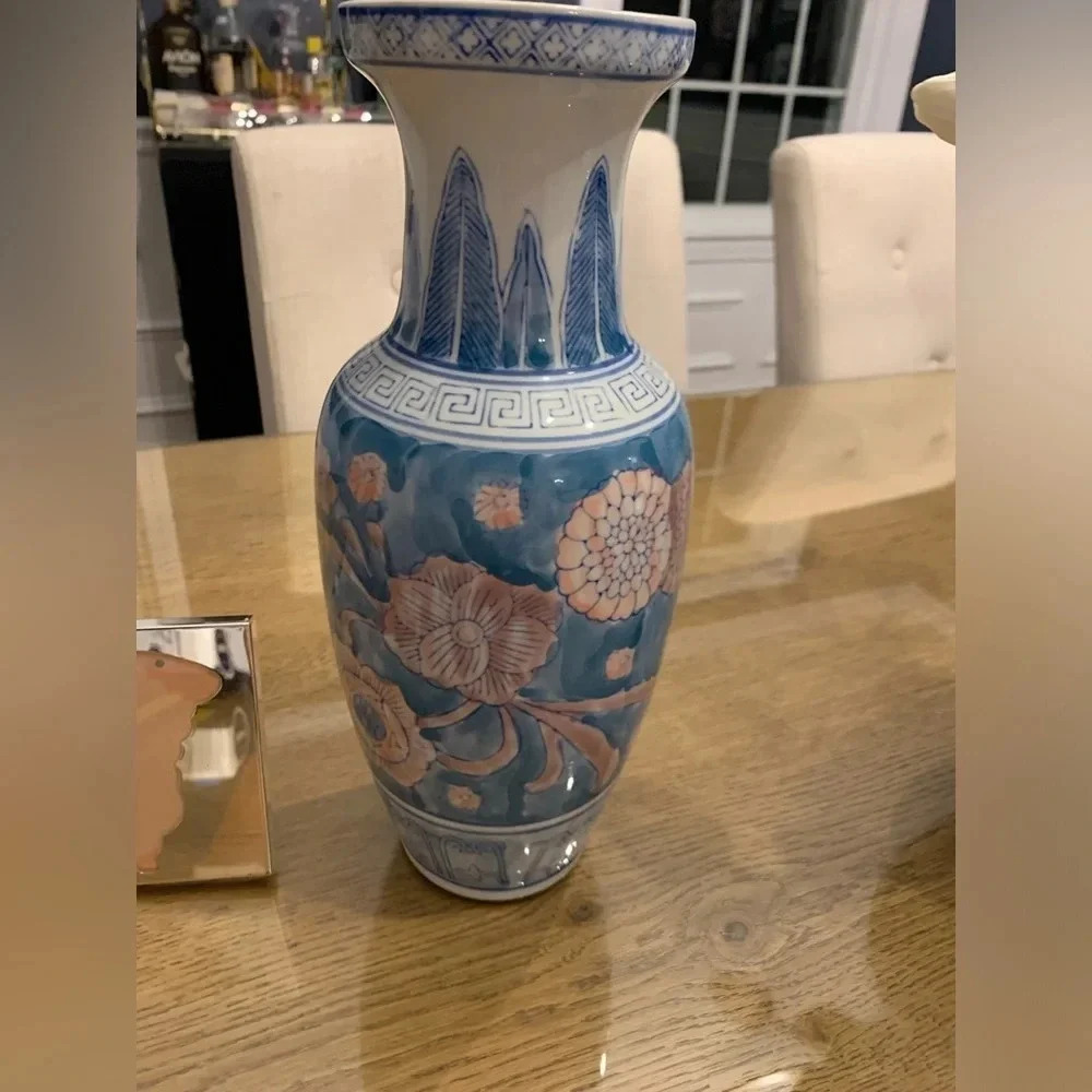 Vintage Handpainted Ceramic Blue and Pink 11” Vase